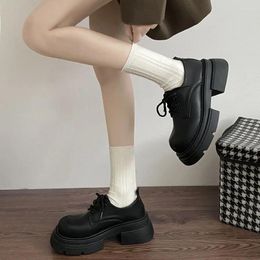Dress Shoes Round Toe Thick Heel British Style Black Sole Leather Women 2024 Autumn Versatile Retro Lace Up Single