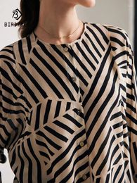 Women's Blouses Birdtree Women 2024 Spring/Summer Mulberry Silk Print Commuter Shirt O Neck Double Crepe Striped Loose Blouse T38225QC