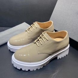 Dress Shoes Retro Platform Single Woman Round Toe Lace-Up Zapatos De Mujer Casual Patent Leather Height Increasing Couple