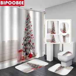 Shower Curtains Christmas Tree White Curtain Bathroom Xmas Decor Pedestal Rugs Bath Mats Set Non-slip Carpet Toilet Lid Cover