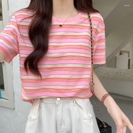 Women's T Shirts Summer Vintage Striped Loose T-Shirts 2024 Short Sleeve O-Neck Shirt Pink Bottom Korean Chic Knit Top Female