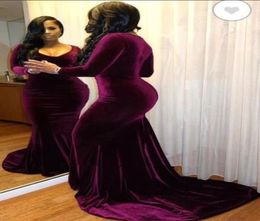 Burgundy V Neck Long Sleeves Mermaid Evening Dresses 2020 Plus Size Velvet Black Girls Prom Dresses Sweep Train Formal Party Dress9078592