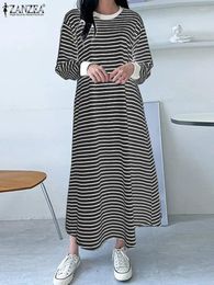 Casual Dresses ZNAZEA Fashion Stripe Printed Dress Woman Long Sleeve O-Neck Street Sundress Female Elegant Loose Maxi Robe 2024
