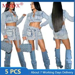 Work Dresses 5sets Bulk Items Wholesale Lots Two Piece Sets Women Denim Long Sleeve Coat Skirts Outfits Pocket Bodycon Suits M13267