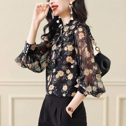 Women's Blouses Autumn Chiffon Blouse Women Shirts Chic Ruffled Edge Top Korean Floral Shirt Long Sleeved Lantern Sleeves Lady