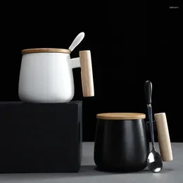 Mugs Hasital Porcelain Coffee Cups Set 2 Pieces Ceramic Wooden Handle 400ml Couple Black White With Spoon Bamboo Lid