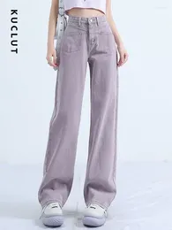 Women's Jeans KUCLUT Purple Women Denim Pants Designer Chic Pockets Casual Straight Korean Fashion Streetwear High Waisted