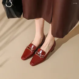 Dress Shoes 34-43 Square-headed Cow Leather Wine Red Women's With Thick Heel And Metal Decorative Button