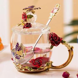 Wine Glasses Glass Coffee Mug Rose Carving Drinking European Crystal Tea Cups Creativity Household For Large With Spoon