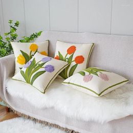 Pillow Green Fresh Tulip Cover 45 45cm Embroidered Flowers Square Sofa Throw Pillowcase Bedroom Decorative Waist Case