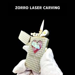 ZORRO Metal Ultra Thin Kerosene Lighter Double Sided Laser Sculpture Real Color Shell Inlaid Grinding Wheel Ignite Fashion Gifts