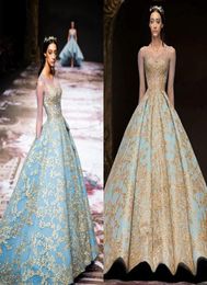 Luxury Gold Lace Long Sleeve Evening Dresses Vintage Sky Blue Michael Cinco Sheer Neck Saudi Arabia Plus Size Occasion Prom Dress3987954