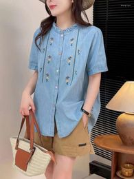 Women's Blouses Mori Kei Clothing Youth Woman Japan Style Embroidery Blue Denim Blouse Summer Cotton Stand Collar Jean Shirts Tops