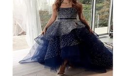 African Dark Navy High Low Prom Dresses Ruched Skirts Appliques Sequined Long Sleeves Plunging Strapless Evening Gowns Reception d5944074