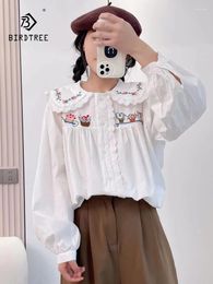 Women's Blouses Spring Cotton Linen Printed Shirt Women Lapel Tops Girl Long Sleeve Lace Literary Embroidery Blouse 2024 Autumn T43683QC