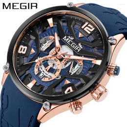 Wristwatches MEGIR Military Sport Quartz Watch Men Navy Blue Silicone Belt Waterproof Male Wristwatch With Date Chronograph Luminous Hands