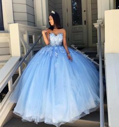 Sky Blue Simple Sexy Lace Quinceanera Prom Dresses Sweetheart Beaded Hand Made Flowers Tulle Evening Party Sweet 16 Dress6608850