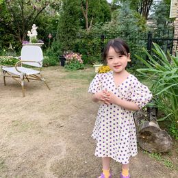 Summer Korean Infant Baby Girl Dress Cotton Irregular Lace Little Short Sleeve Dot Print Kid Princess 240322