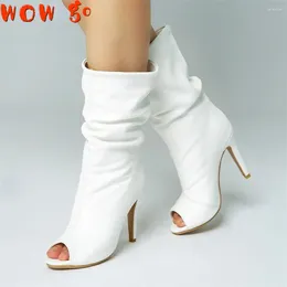 Walking Shoes Solid Peep Toe Thin High Heels Slip On Woman Casual Spring Autumn Mid Calf Boots White Plus Size 34-47