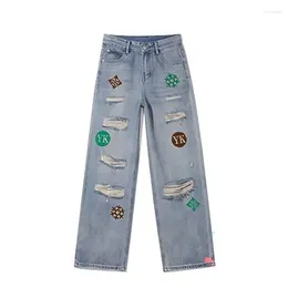 Women's Jeans Sexy Ripped Straight For Women 2024 Spring And Summer Diamond Design Drapey Casual Versatile Wide-leg Pants