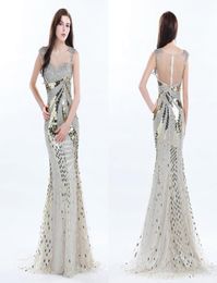 Stunning Golden Sequined Prom Dresses Sheer Neckline Sleeveless Shinny Crystal Backless Mermaid Evening Gowns Gorgeous Celebrity P5380618