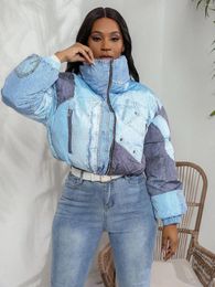 Women's Trench Coats Echoine Blue Denim Print Patchwork Winter Down Jacket Women Parkas Thicken Warm Coat Jackets Fashion Streetwear Y2K