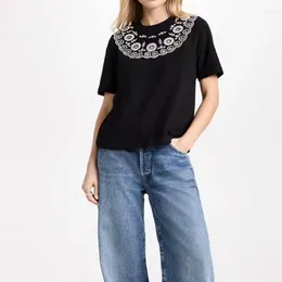 Women's T Shirts 2024 Spring And Summer T-shirt Round Neck Embroidered Black Short Sleeve Women Casual Tops