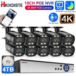 System 10CH 8MP Black Poe Video Surveillance Kit Cctv System H.265 4K Security Camera With Nvr And Hard Drive Two Way Audio Ip67 Set 6K