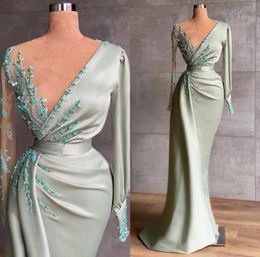 2022 Elegant Prom Dresses Modest Long Sleeves Sheer Neck Appliques Beads Floor Length Evening Occasion Wears Vestidos de fiesta BC9379177