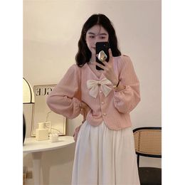 MEXZT S-3Xl Elegant Bow Shirts Women Sweet Pink Puff Long Sleeve Blouses Korean Fashion White V Neck Pearl Buttons Crop Tops 240402