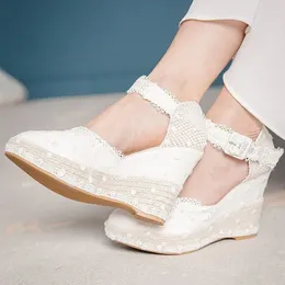 Sandals White Lace Bridal Ankle Strap Dot Net Platform Wedges Round Toe Fashion Women Casual Dress Shoes Summer