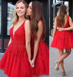 Red Lace Tulle Short Homecoming Dresses V Neck Sheer Straps Beading Plus Size Backless Short Prom Dresses Cocktail Party Dresses9329950