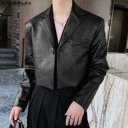 Fashion Men Blazer PU Leather Solid Colour Lapel Long Sleeve Streetwear One Button Thin Coats 2023 Casual Suits 5XL INCERUN 7 240326