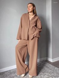 Home Clothing Hiloc Brown Cotton Sleepwear Women's Clothes Long Sleeve 2 Piece Sets Loose Trouser Suits Casual Female Pyjama 2024 Autumn