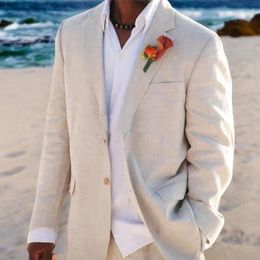 Men's Suits Beige Linen Wedding For Men Beach 2 Pcs Groom Tuxedo Summer American Style Suit Jacket With Pants 2024