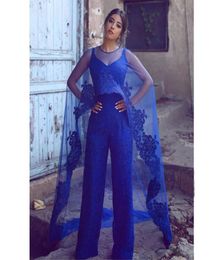 Royal Blue Lace Jumpsuits Prom Dresses With Cape Appliqued V Neck Beaded Party Cocktail Dress Floor Length Evening Gowns9375415