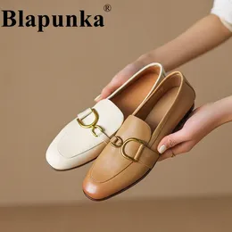 Casual Shoes Blapunka Natural Genuine Leather Flat Loafers For Women Metal Deco Slip-ons Beige Round Toe Loafer Comfort Soft