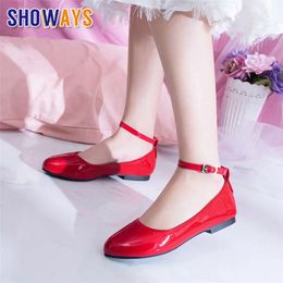 Big Size Spring Women Flat Red Pink Patent Leather Round Toe Low Square Heel Ballet Casual Party Office Ladies Ankle Strap Shoes 240329