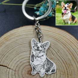 Chains Dascusto Customised Pet Photo Keychain Stainless Steel Dog Tag Key Chain for Memorial Best Gift Personalised Pet Animal Keyring