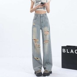 High waisted wide leg jeans for womens 2024 new loose and slimming look with holes small stature covering flesh and floor mopping straight leg pants