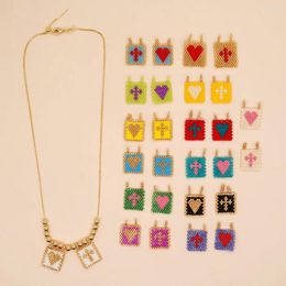 Chains Mosengkw Miyuki Rice Beads Handmade Beaded Mixed Color Square Cross Love Hanging Tag Gold Wire Chain Necklace Jewelry