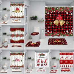 Shower Curtains Christmas Curtain Winter Snowflake Ball Gnome Elk Bell Red And Black Plaid Bathroom Door Set Home Decor