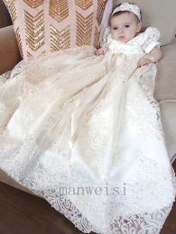 Dresses 2019 New Baby Christening Gowns Lace Applique Ivory Flower Girls Dress Toddler Long Baptism Dresses With Bonnet First Communicatio