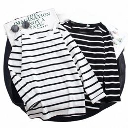 women Loose Stripes Print Top Autumn Round Collar Long Sleeve Casual Simple Wild T-Shirt Female Black White Cotton Top Tee Shirt 58FQ#