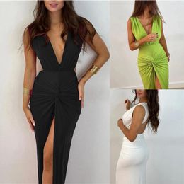 Casual Dresses Sexy Deep V Slit Ruched Dress Ladies Fashion Sleeveless Backless Solid Party Women Formal Long Evening Gown Vestidos