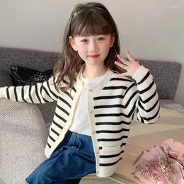 Jackets 2024 Korean Spring Autumn Teenage Girl Coat Children Cardigan Sweater Striped Jacket Elementary Tops Kint Loose