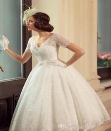 Vintage Tea Length Wedding Dresses 2015 V Neck Illusion Short Sleeves Ball Gown Bridal Dress Soft France Lace Wedding Gowns with B2987125