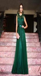 2017 Emerald Green Jewel Neck Tulle Long Evening Dress With Slim Sash Cap Sleeve Floor Length Mother Dress Formal Wear7778042