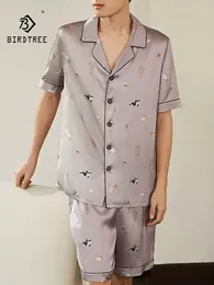 Home Clothing BirdTree Mulberry Silk Pajamas Set Men Short Sleeve Shorts Printed Vacation Loose Casual Homewear 2024 Summer S439109QC