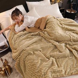 Blankets Super Warm Flannel Lamb Quilt Winter Blanket Double-sided Velvet Thickened Spring Autumn Striped Bed Sheet Solid Colour